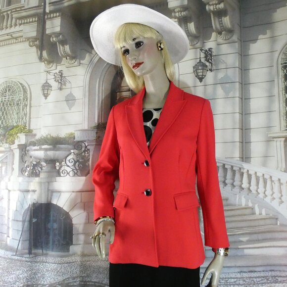 St. John 2-Pc Set Suit Sz 8 Coral Jacket Silver & Black Enamel Buttons Black Skt - Picture 5 of 10